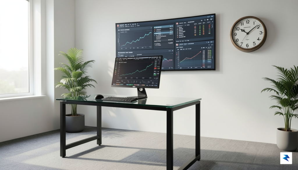 A modern, sleek office workspace with digital financial data screens&hellip;