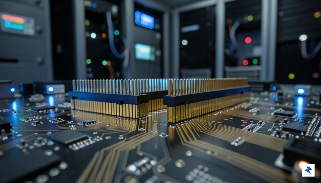 A close-up, high-definition photograph of complex motherboard circuitry with glowing&hellip;