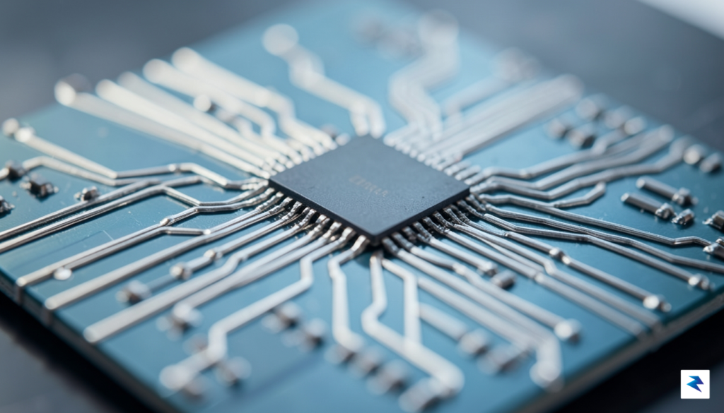 A close-up macro shot of a high-tech processor chip showing&hellip;
