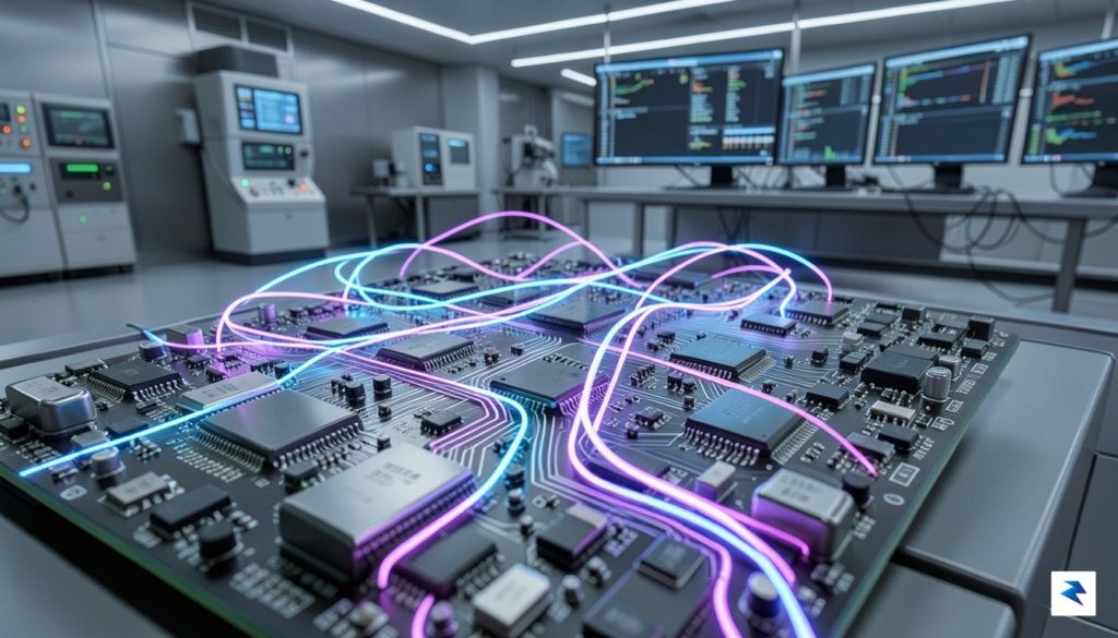 A high-tech laboratory showing a close-up of a complex integrated&hellip;