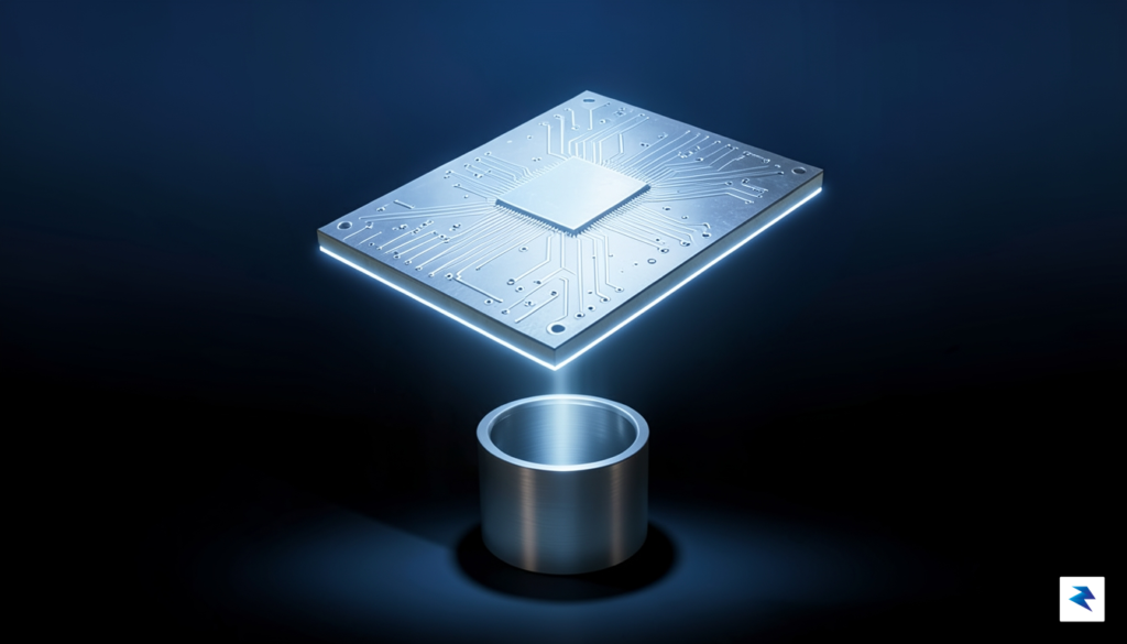 A conceptual digital art piece showing a massive, glowing silicon&hellip;