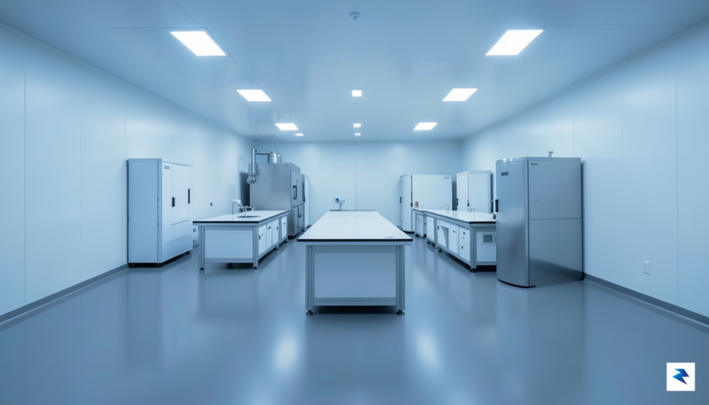 A wide-angle shot of a quiet, empty modern semiconductor cleanroom&hellip;