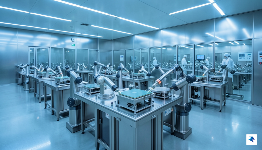 A high-tech semiconductor cleanroom in South Korea, featuring rows of&hellip;
