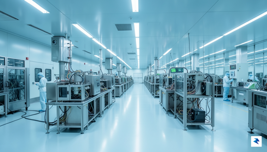 A wide-angle, cinematic shot of a modern, clean-room semiconductor fabrication&hellip;