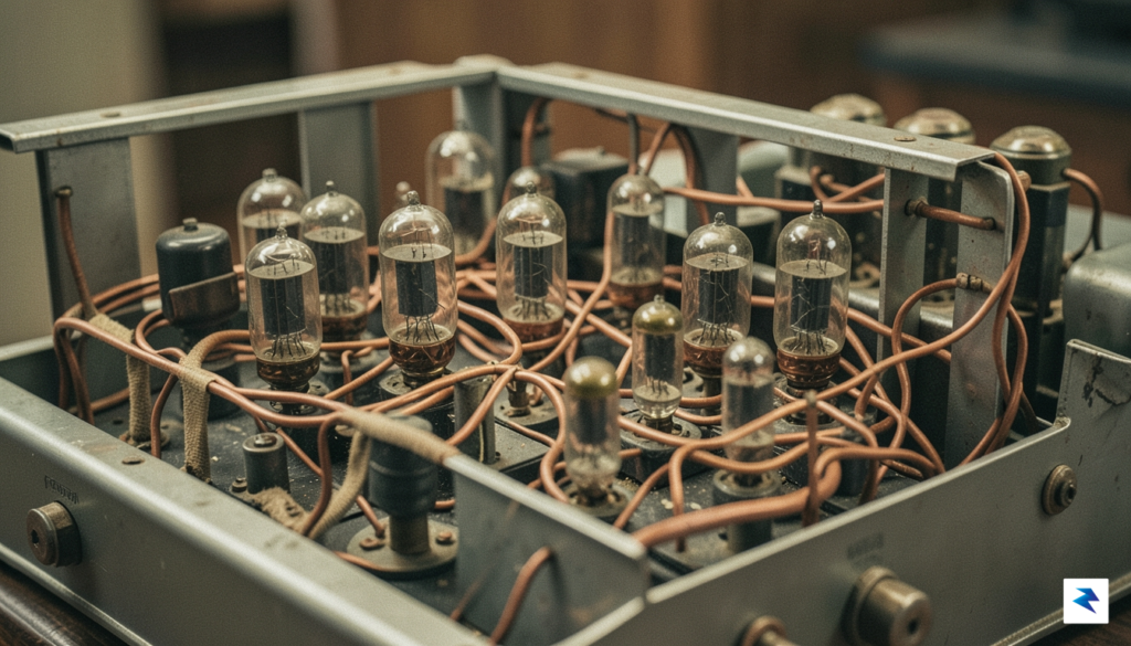 A detailed close-up of 1940s-era vacuum tubes and complex copper&hellip;