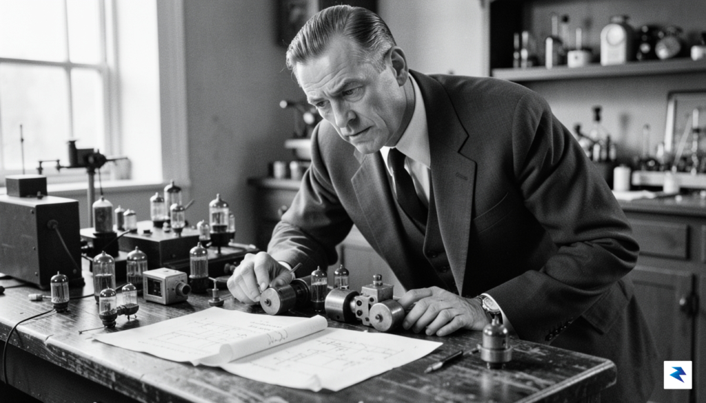 A black and white photograph showing a cluttered, mid-century laboratory&hellip;