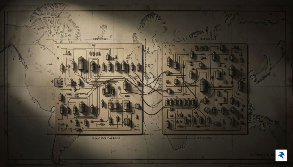 A schematic drawing of early electronic circuit boards with vacuum&hellip;