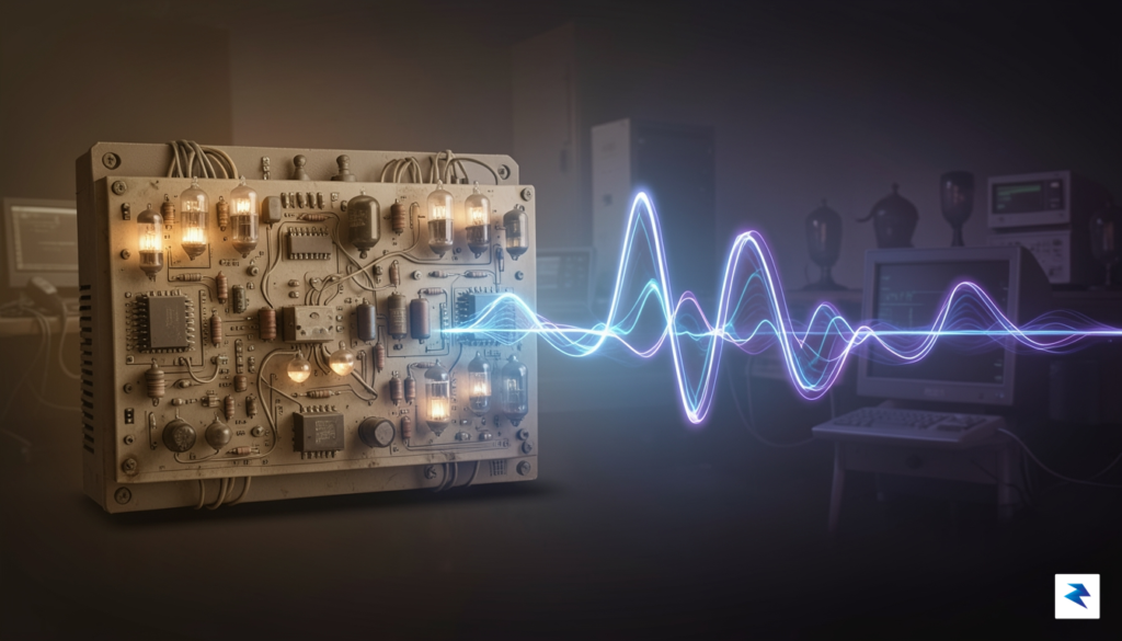 A conceptual illustration showing a vintage 1940s vacuum tube circuit&hellip;