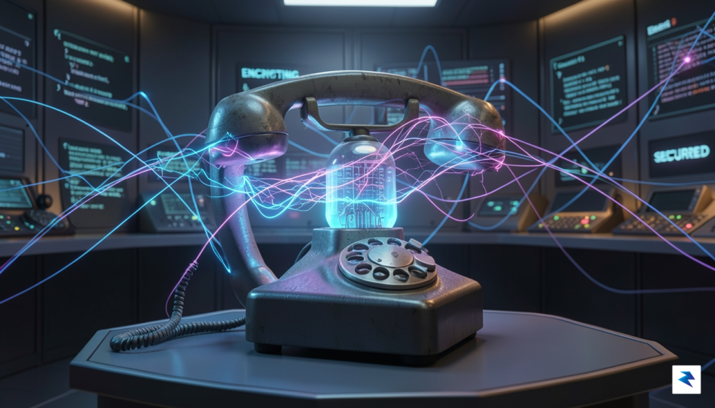 A conceptual illustration showing a vintage vacuum tube telephone device&hellip;