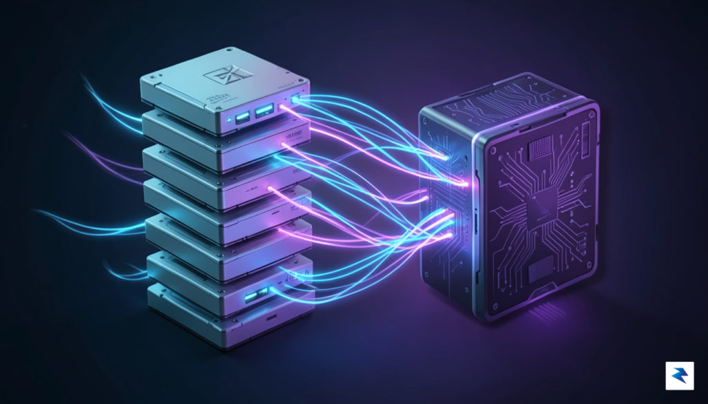 A stylized illustration depicting data streams flowing rapidly between stacked&hellip;