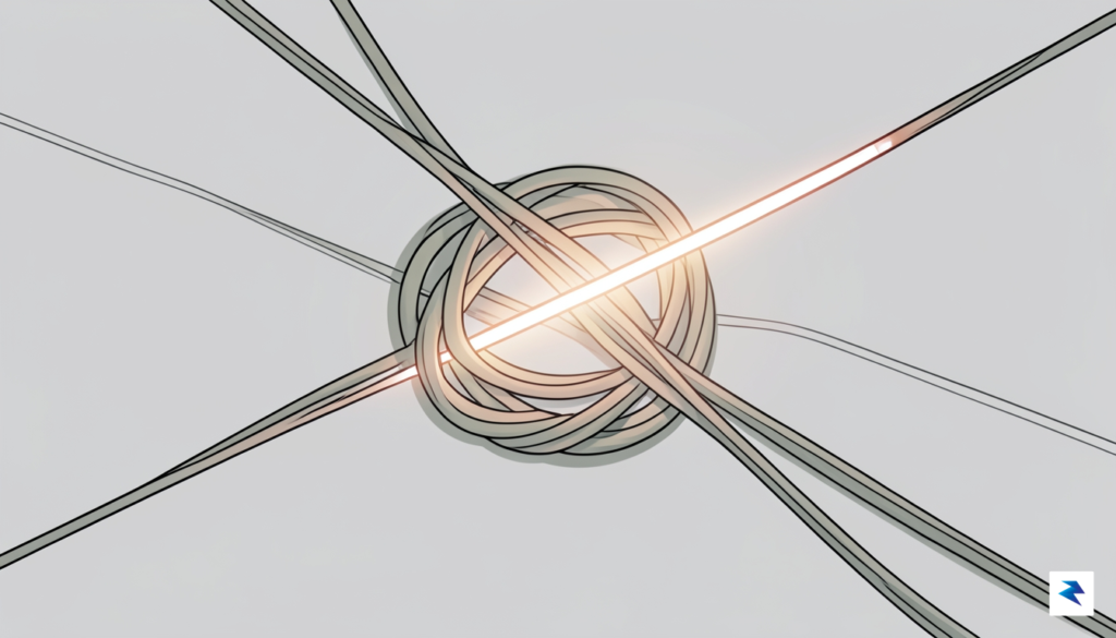 A minimalist line-art illustration showing a complex tangled knot being&hellip;