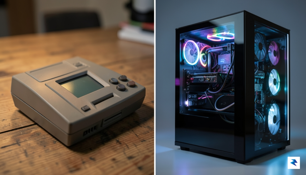 A conceptual split-screen image showing a vintage, blocky 1990s game&hellip;
