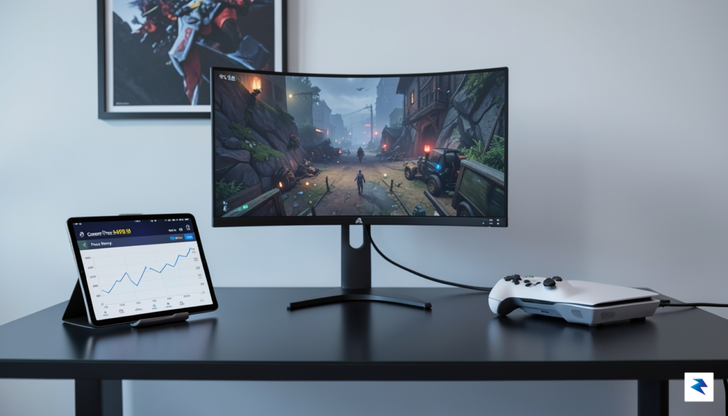 A modern, minimalist gaming desk setup featuring a high-end monitor&hellip;