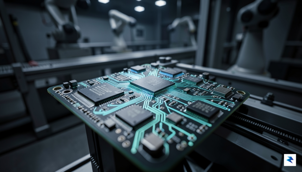 A complex, high-detail macro shot of a motherboard with illuminated&hellip;