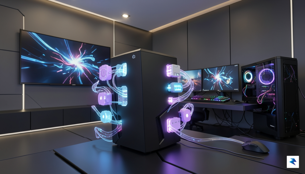 A conceptual digital illustration showing a futuristic gaming console being&hellip;