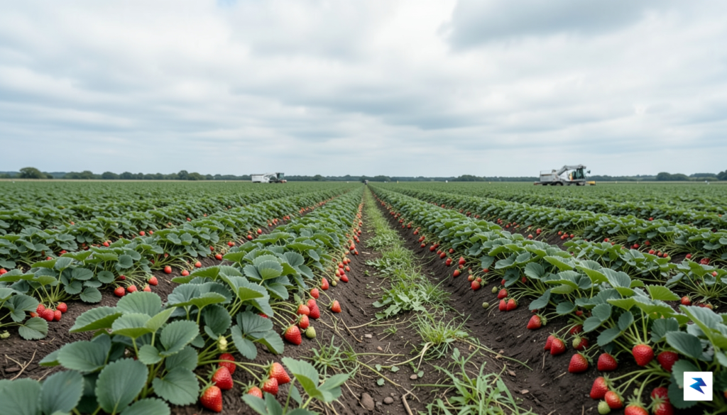 A wide-angle shot of a lush, expansive British strawberry field…