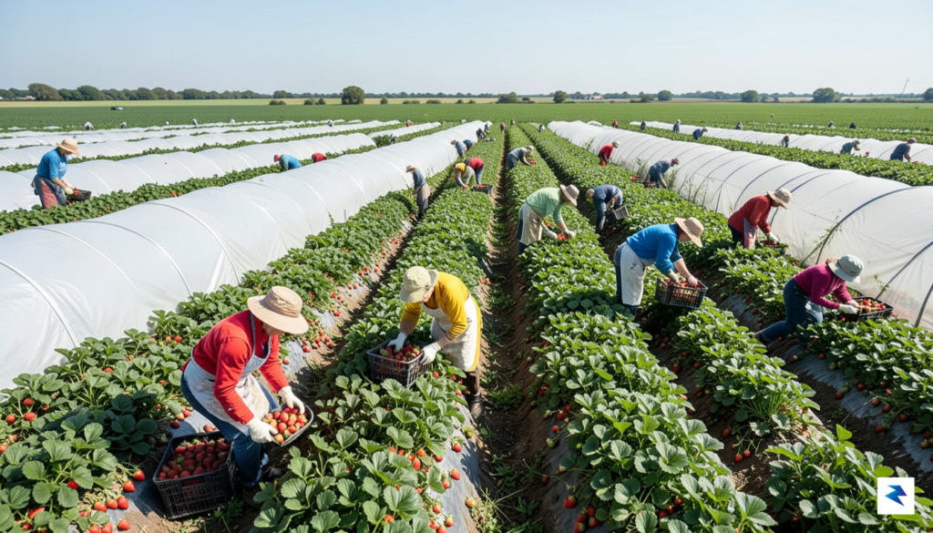 A wide-angle, high-resolution shot of workers in a sprawling British…