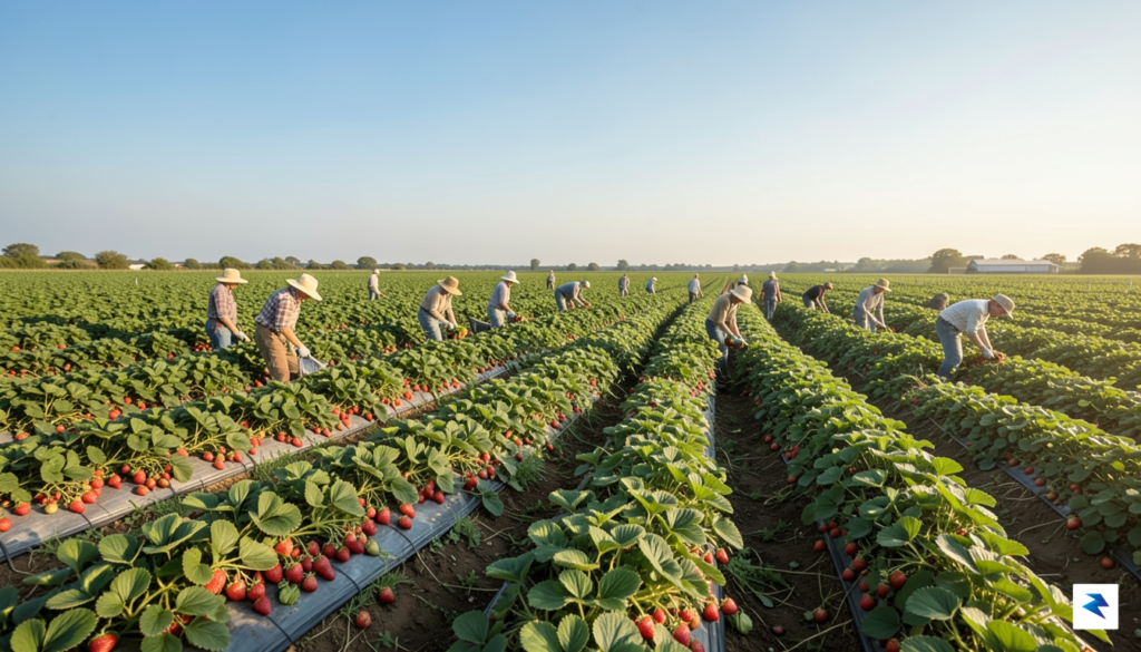 A wide-angle shot of a lush, expansive British strawberry farm…