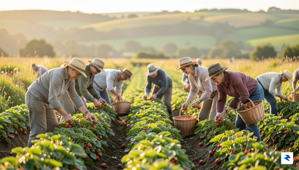 A wide-angle, high-resolution photograph of a sunlit strawberry field in…