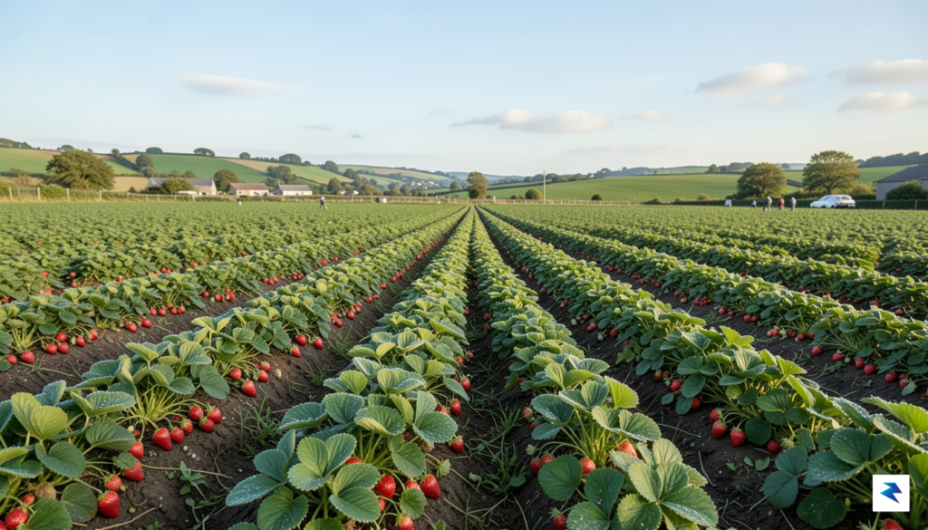 A wide-angle shot of a sprawling, lush strawberry farm in…