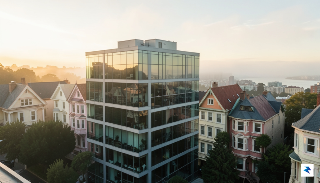 A wide-angle shot of a modern, glass-walled San Francisco apartment&hellip;