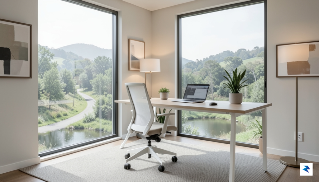 A modern, minimalist home office setup with a window overlooking&hellip;