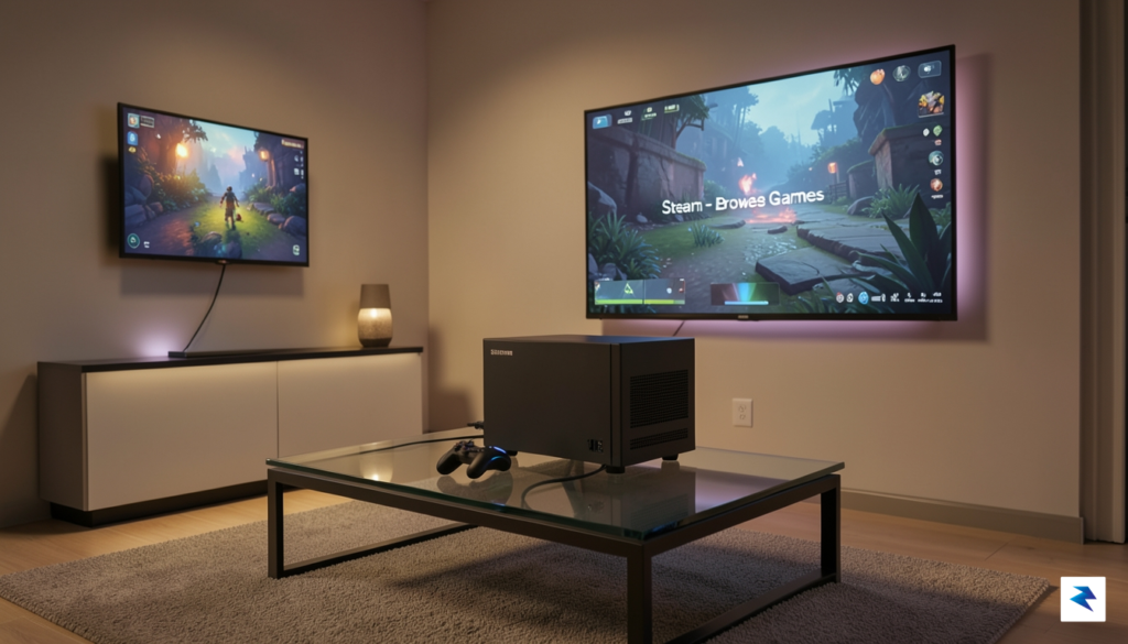 A high-tech, sleek living room setup featuring a Steam Machine&hellip;