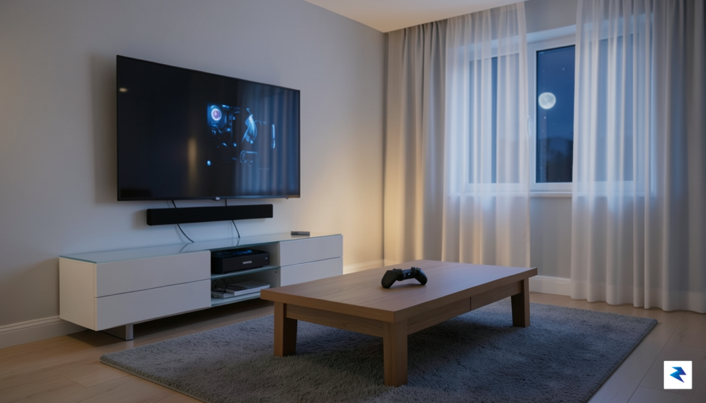 A sleek, minimalist living room setup featuring a modern, compact&hellip;