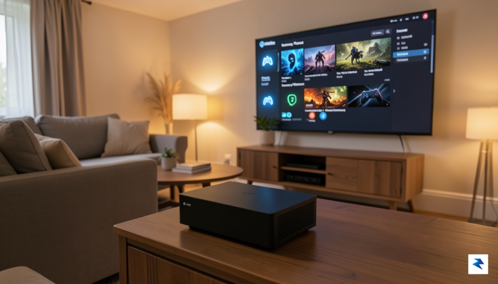 A wide-angle, high-resolution shot of a sleek Steam Machine connected&hellip;