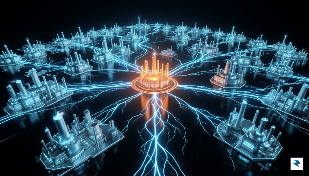 A conceptual digital illustration showing a glowing, interconnected global network&hellip;