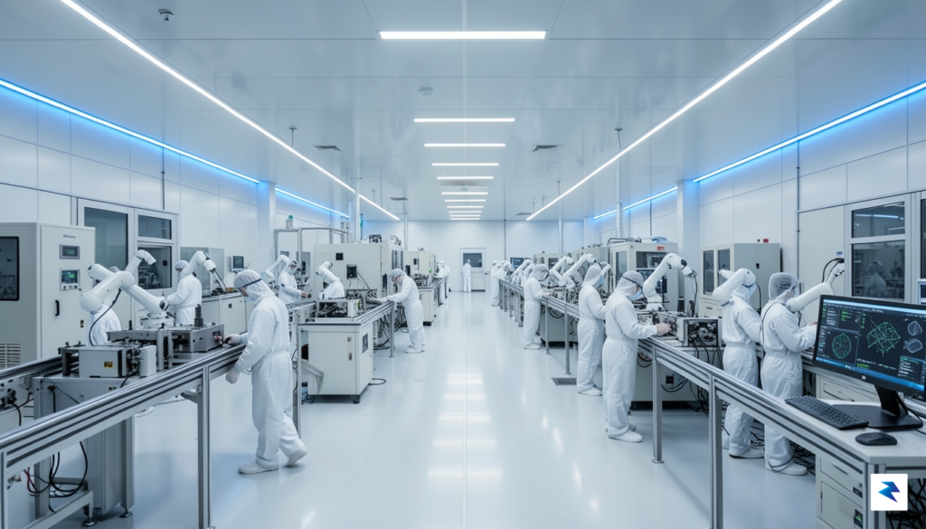 A wide-angle, cinematic shot of a massive, modern semiconductor fabrication&hellip;