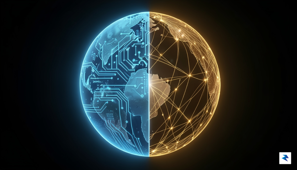A conceptual digital illustration showing a globe split down the&hellip;