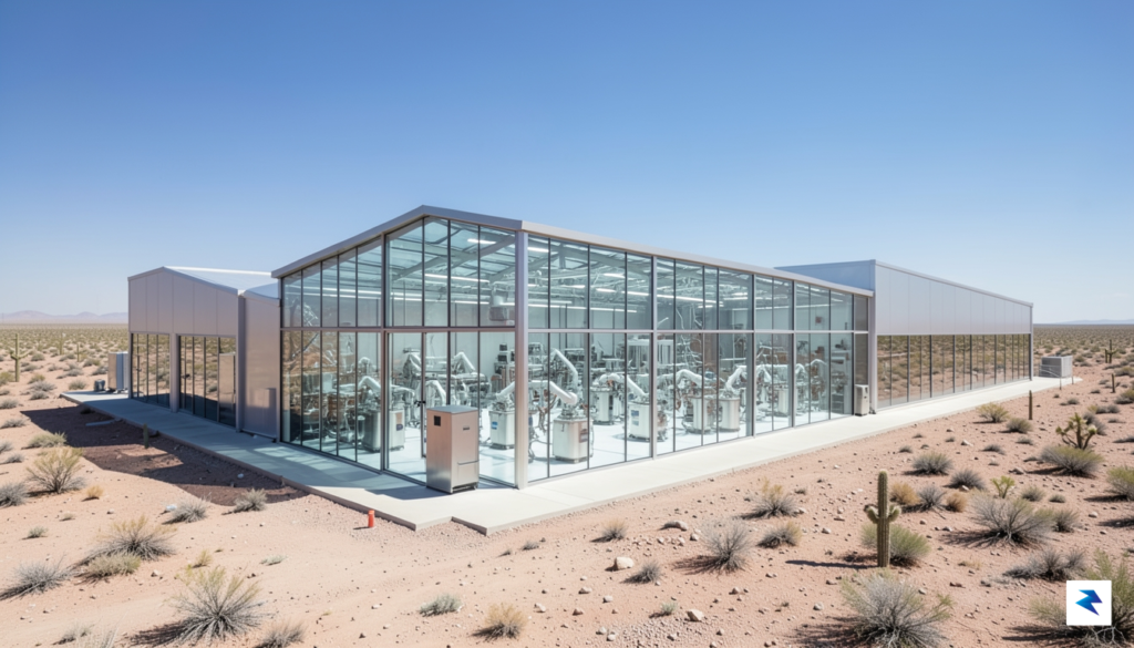 A modern, high-tech semiconductor manufacturing facility in the Arizona desert,&hellip;