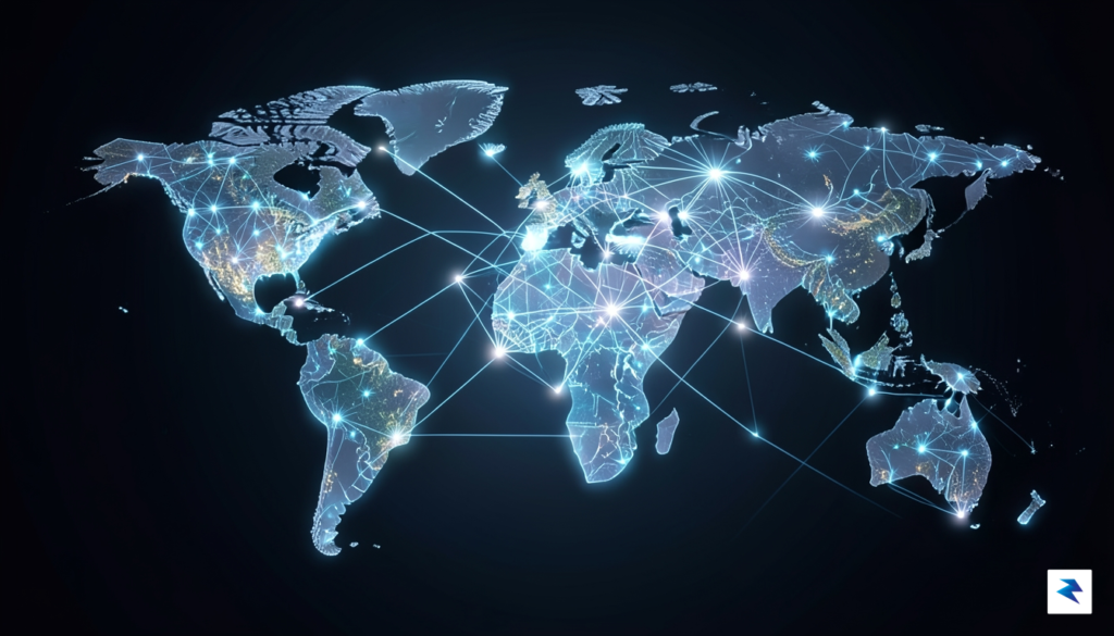 A conceptual digital artwork showing a glowing, interconnected global network&hellip;