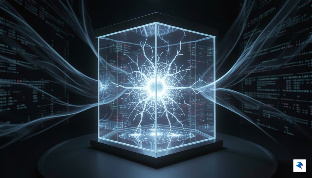 A conceptual digital illustration of a glowing, complex neural network&hellip;
