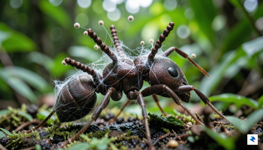 A highly detailed macro photograph of a tropical ant infected…