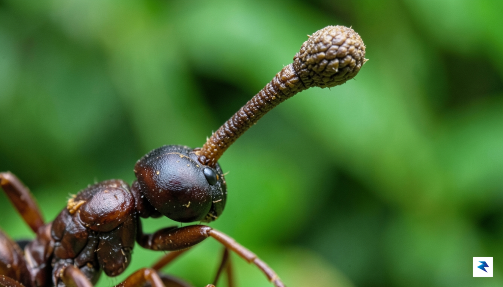 A macro photography shot of an Ophiocordyceps fungus stalk emerging…