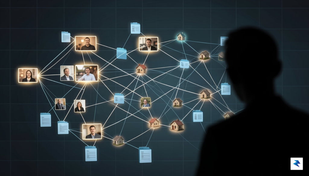 A conceptual illustration showing a digital map of interconnected data&hellip;