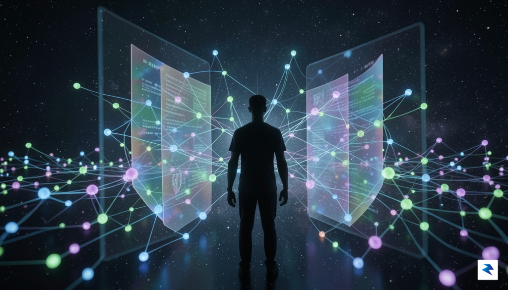 A conceptual digital landscape showing a silhouette of a person&hellip;