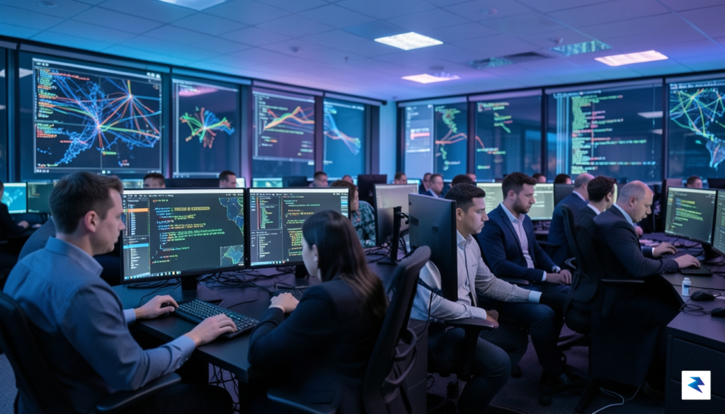 A wide-angle shot of a high-tech cybersecurity operations center with&hellip;