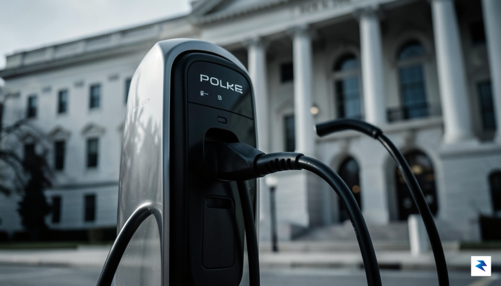 A close-up, high-contrast shot of a sleek Polestar electric vehicle&hellip;