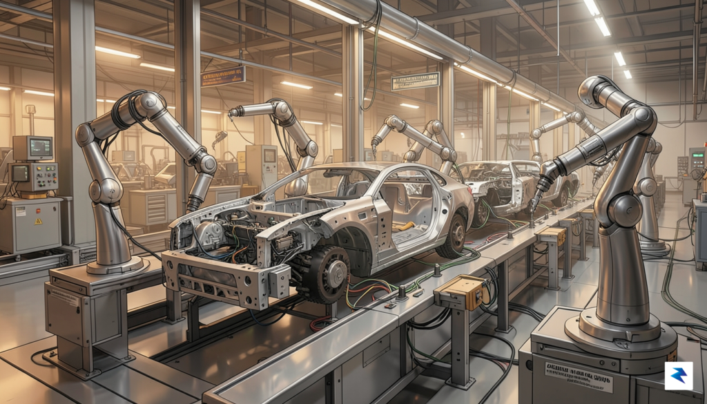 A wide-angle digital illustration showing a futuristic automotive assembly line&hellip;