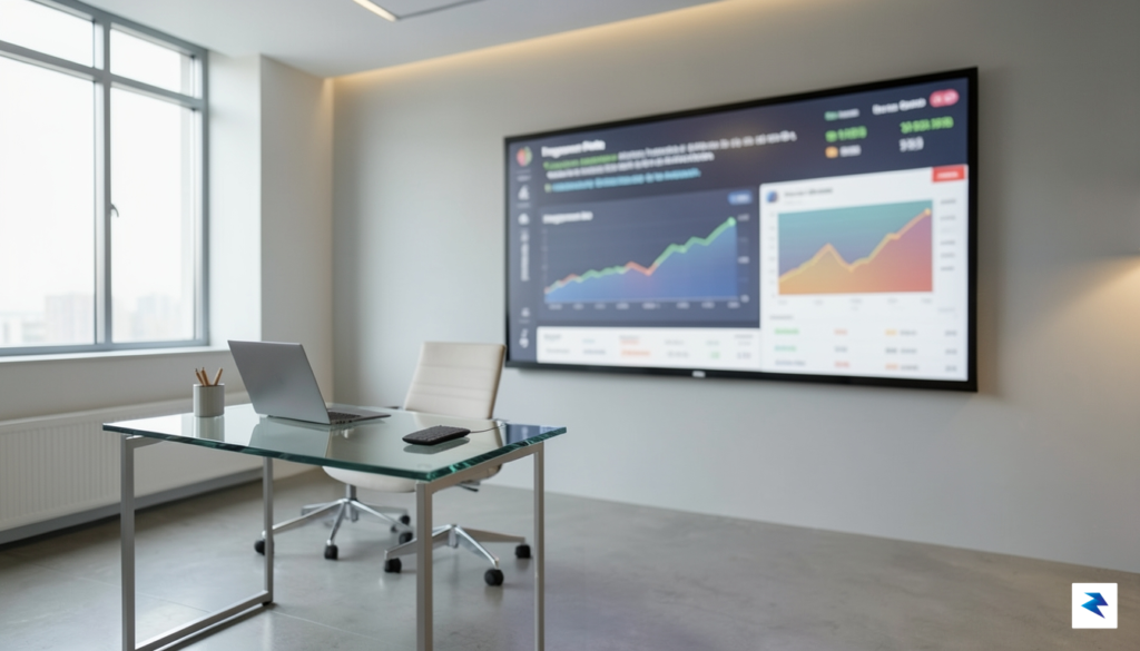 A modern, minimalist office space with a blurred digital screen&hellip;