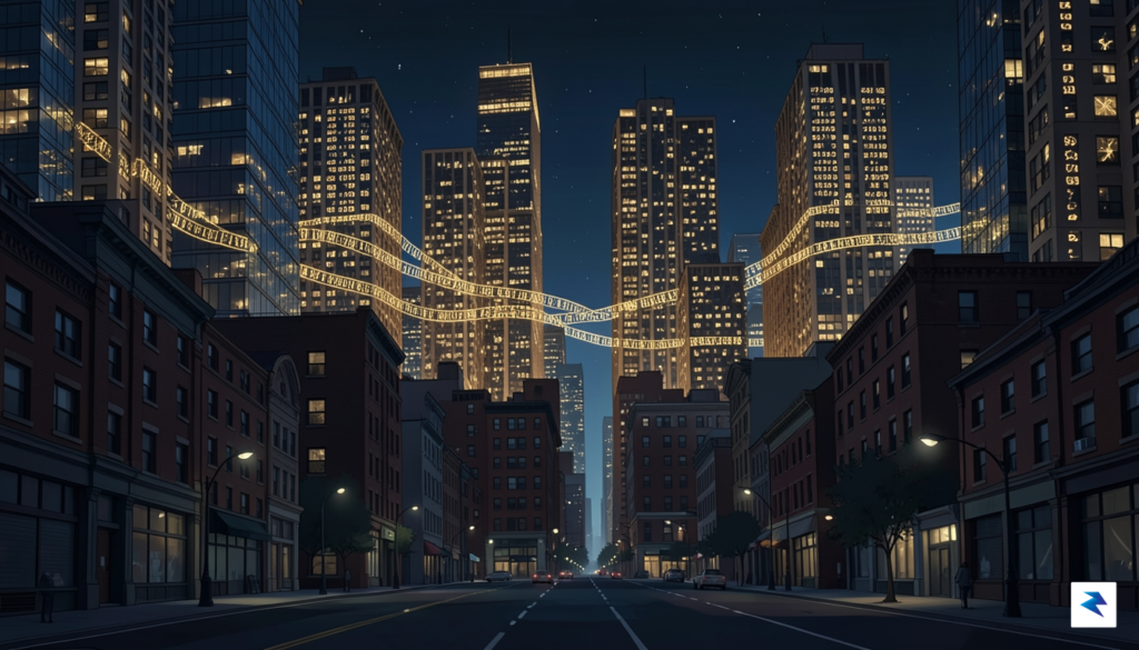 A wide-angle digital illustration showing a cityscape at night, where&hellip;