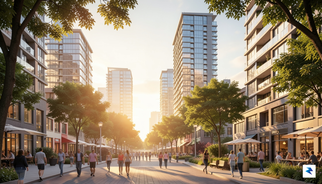 A modern urban street scene showing a blend of residential&hellip;