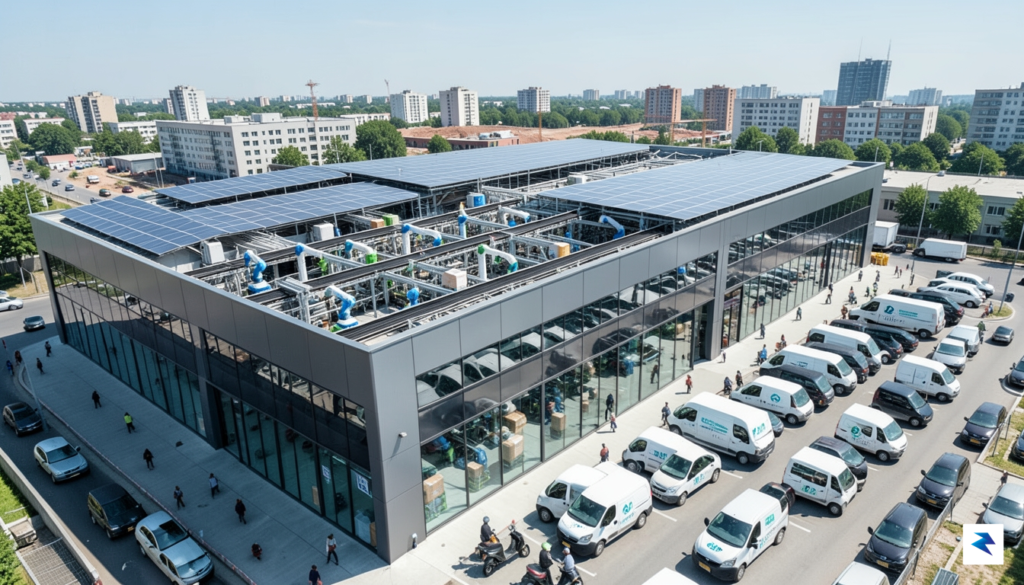 An aerial view of a bustling, high-tech urban micro-fulfillment center&hellip;