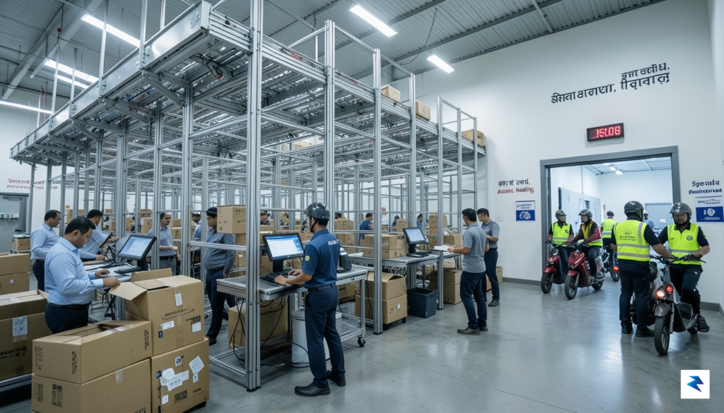 A high-tech, organized micro-fulfillment center in an Indian city, showing&hellip;