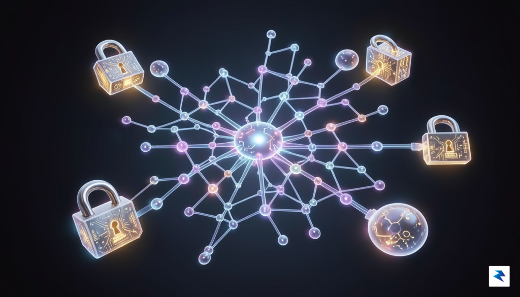 A digital illustration showing a glowing, transparent AI neural network&hellip;