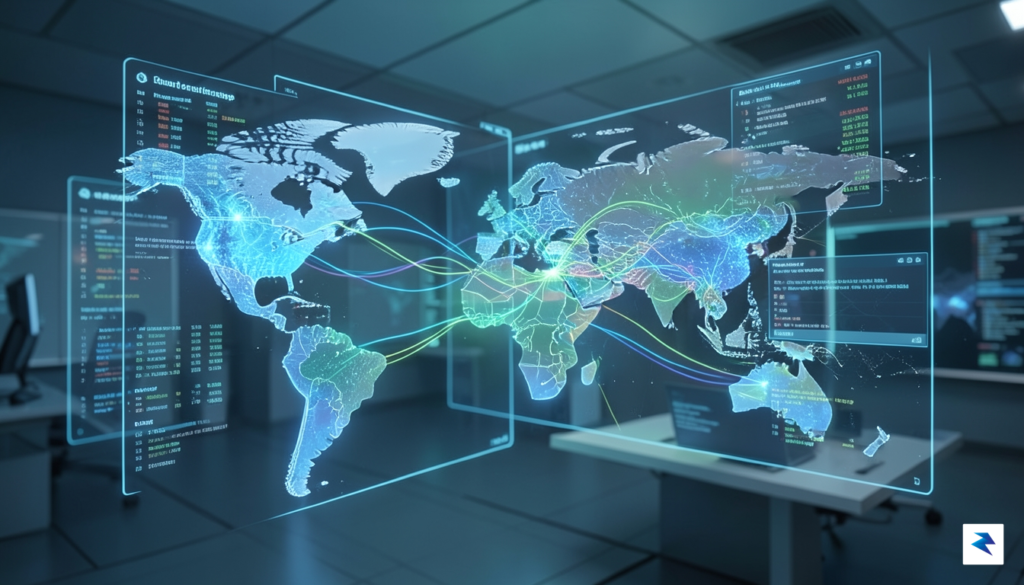A sleek, futuristic digital workspace showing holographic data streams connecting&hellip;