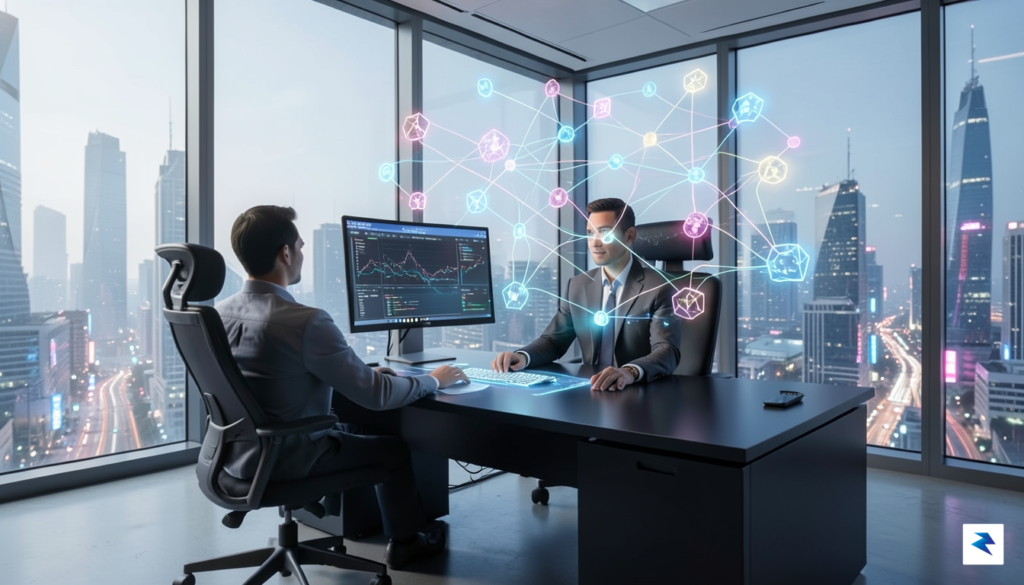 A conceptual illustration showing a single human professional at a&hellip;